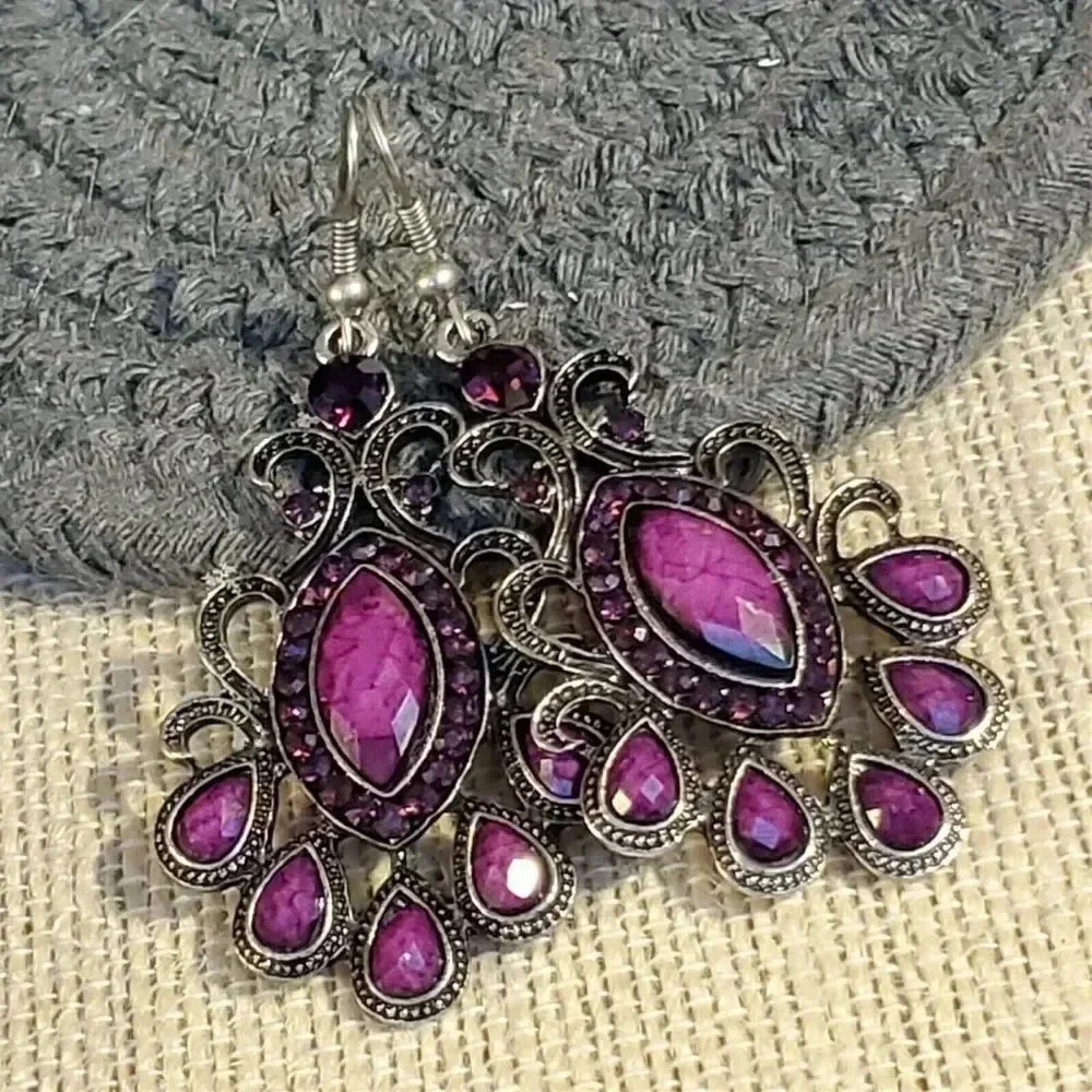 Vintage 90s Lacy Purple Marquise Antique Silver Acrylic Crystal Dangle Earrings - Picture 2 of 8